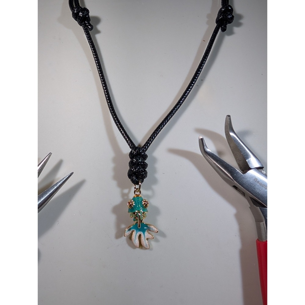 Enamel Goldfish Pendant Necklace Teal Gold Tone Adjustable Black Cord 14-27 In